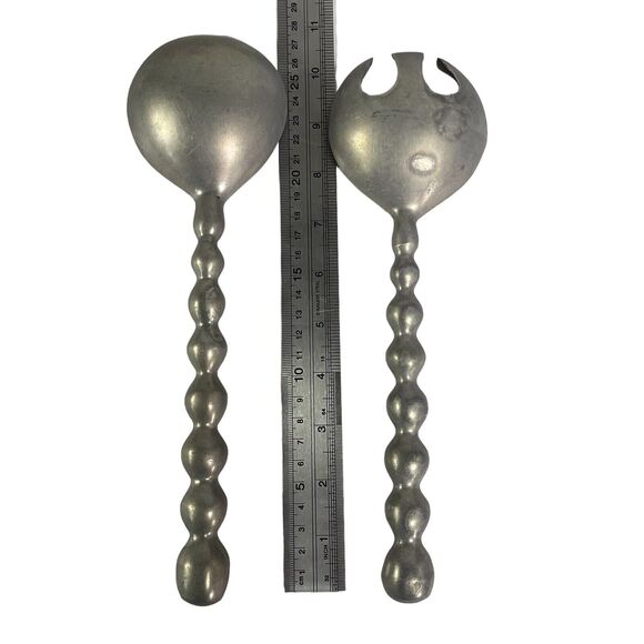 Retro Metal Pewter Salad Servers Serving Utensils Set MCM Rustic Grey Gray - Picture 2 of 8